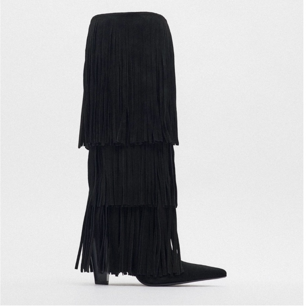 Zara Black Fringe Heeled Knee High Suede Boots Western Maximalism CoastalCowgirl
